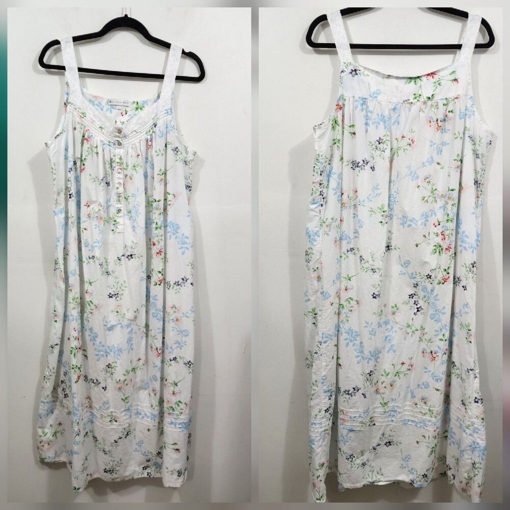 Eileen West Nightgown Porch Dress Floral Cottage Sleeveless Lounge Cotton Sz LRG